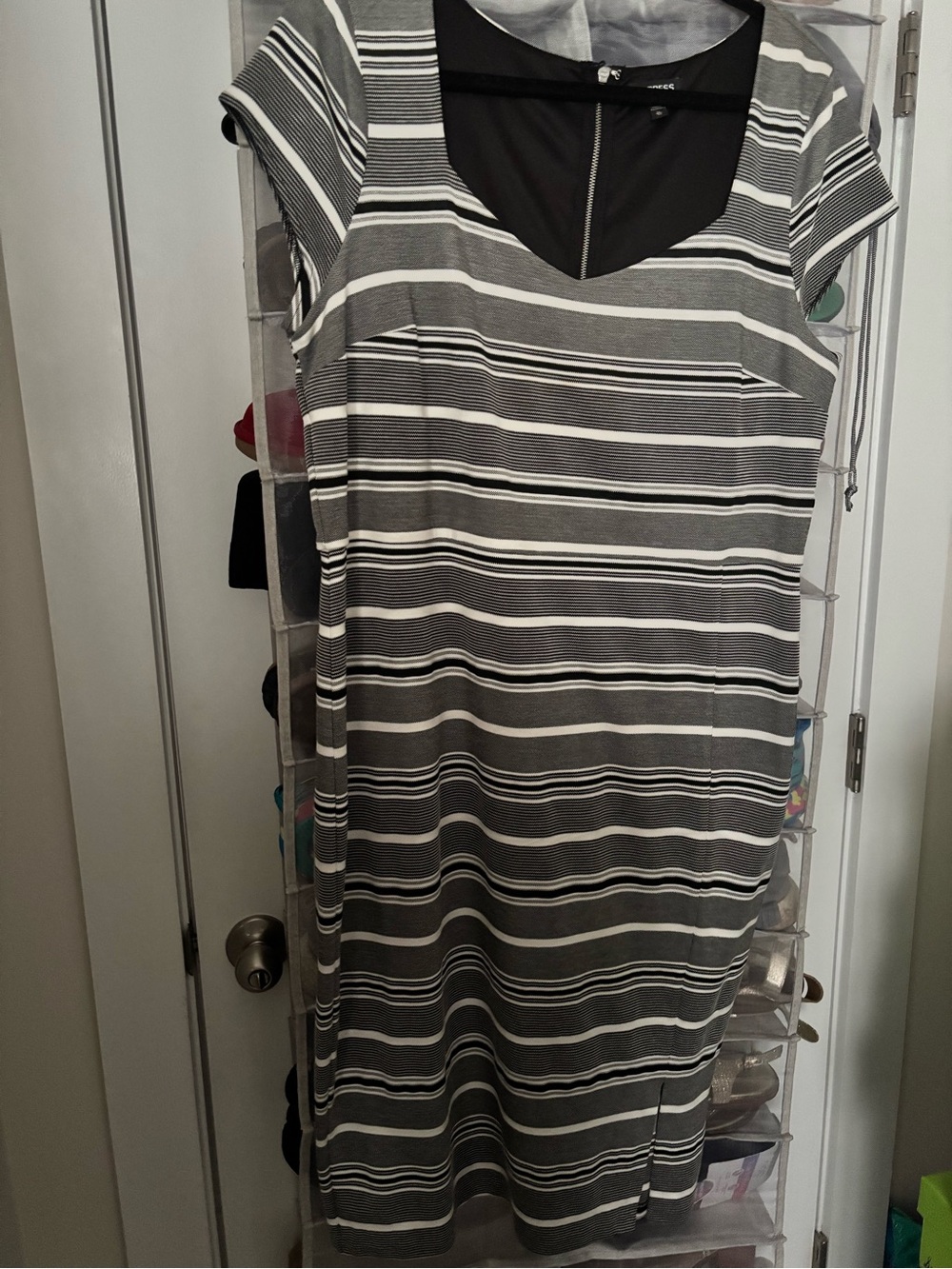 Express Gray & White Striped Midi Dress with Scoop Neck